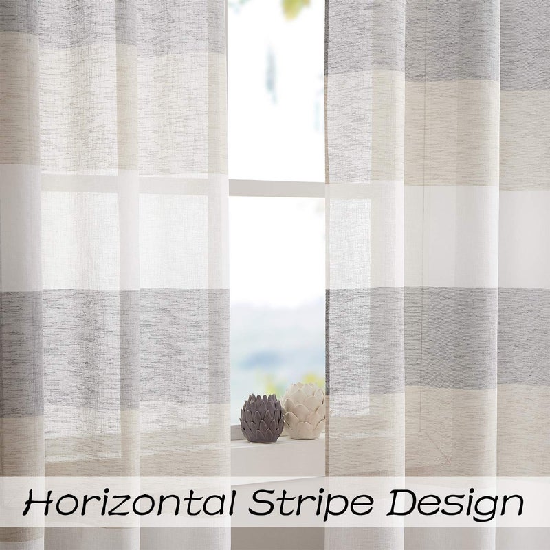 Central Park Gray Tan Stripe Sheer Color Block Window Curtain Panel Linen Window Treatment for Bedroom Living Room Farmhouse 84 inches Long with Grommets, 2 Panel Rustic Drapes - Image 2